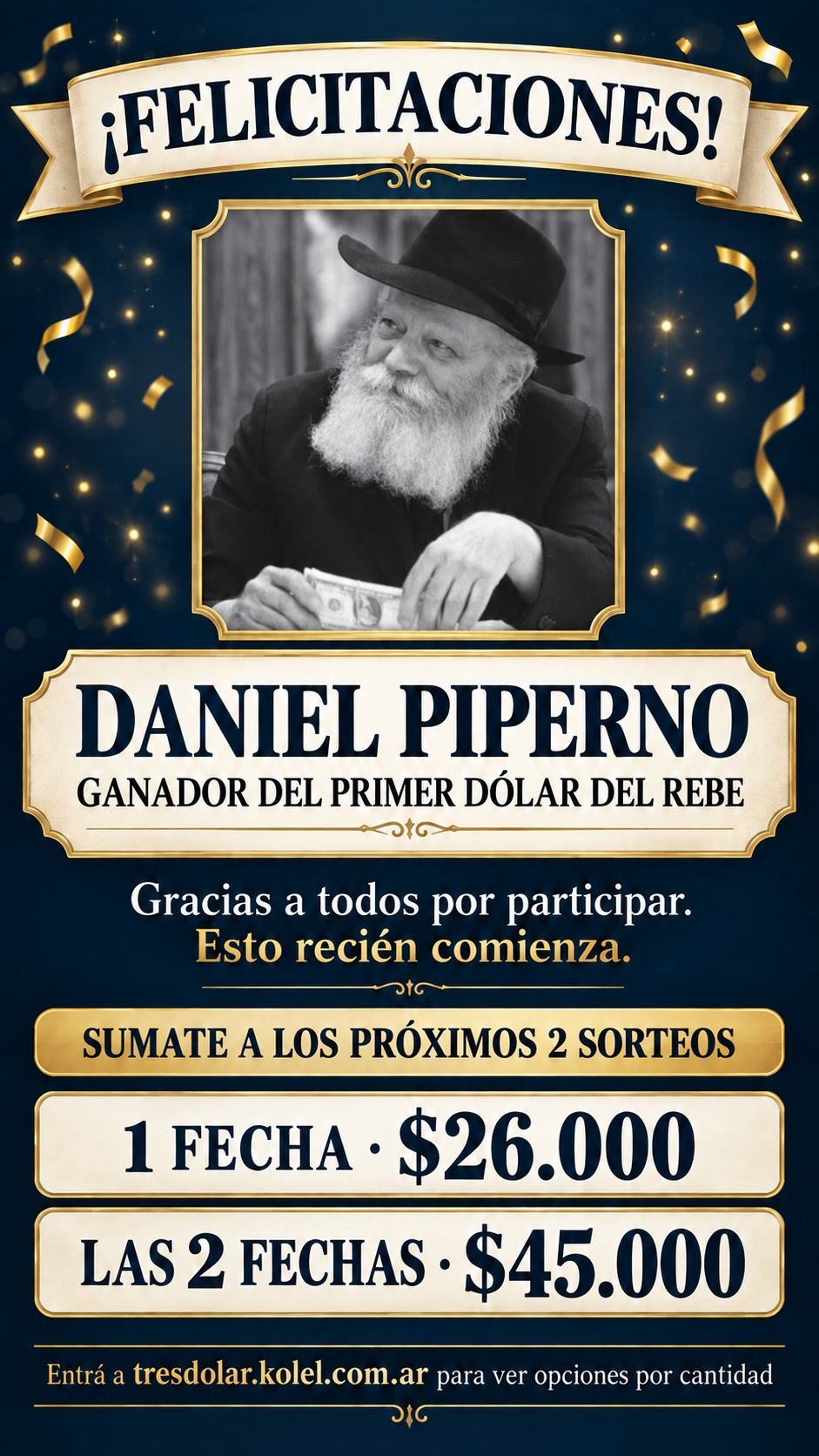Flyer de felicitación a Daniel Piperno, ganador del primer dólar del Rebe.